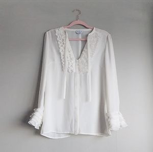bebe Ruffle Front White Sheer Tie Long Sleeve Blouse